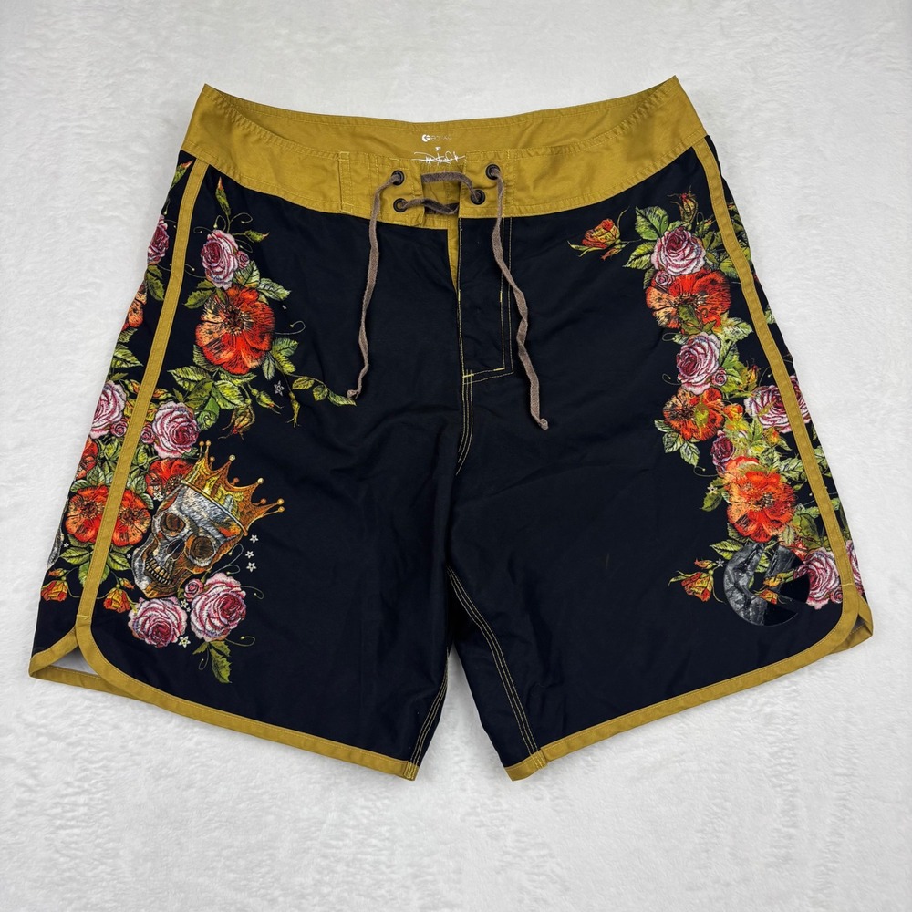Ethika Ryan Sheckler Mens Board Shorts 31 Black Gold Skull